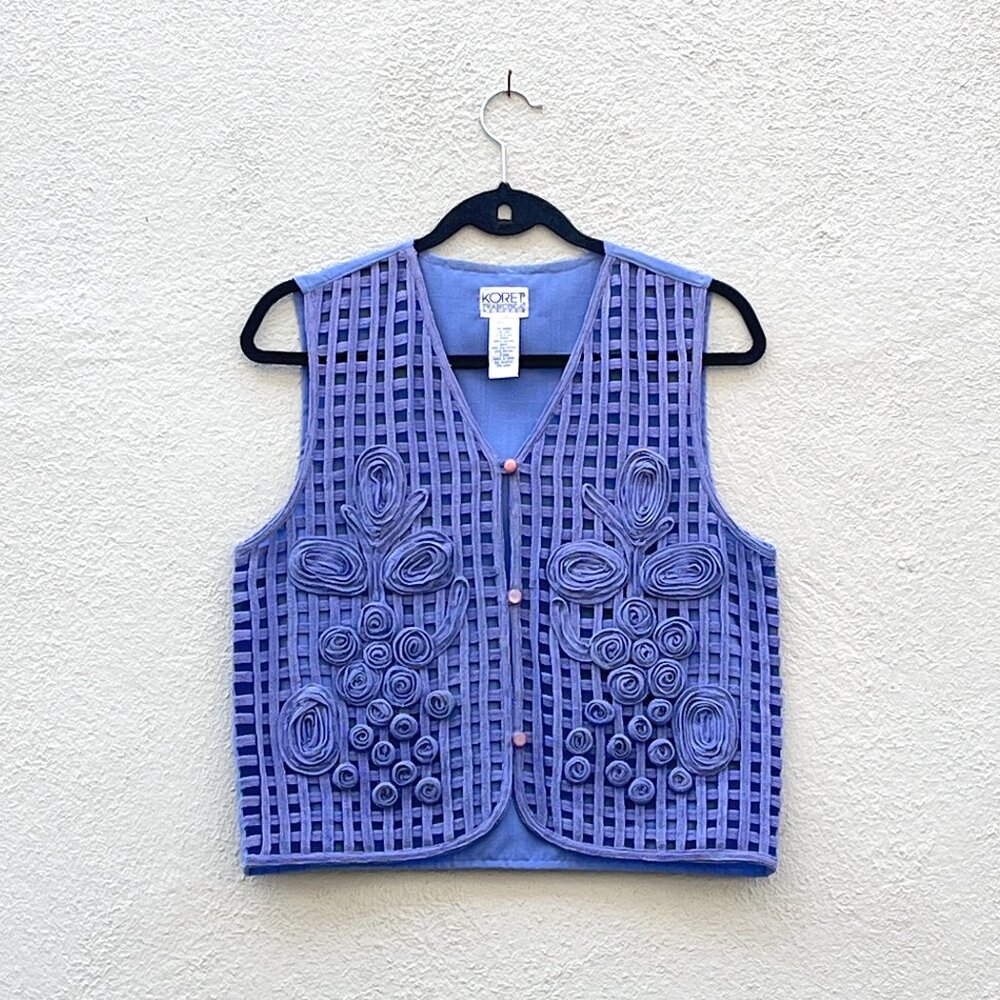 Vintage 90s Women's Koret Floral Open Weave Cotton Periwinkle Vest Medium